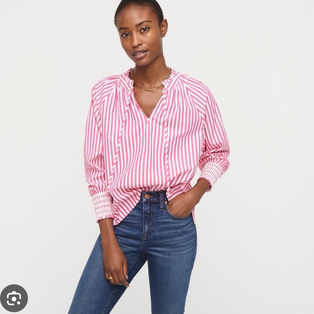 J CREW Smocked-cuff popover top in stripe 100% cotton WHITE FUCHSIA AU295 M